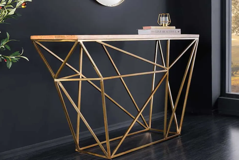 Abstrakter Konsolentisch DIAMOND 120cm natur messing Mangoholz Metallgestell
