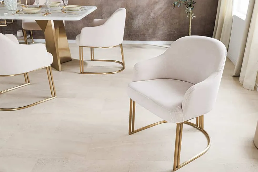 Armlehnen Stuhl EXTRAVAGANCIA beige Cord Metall brushed champagner gold