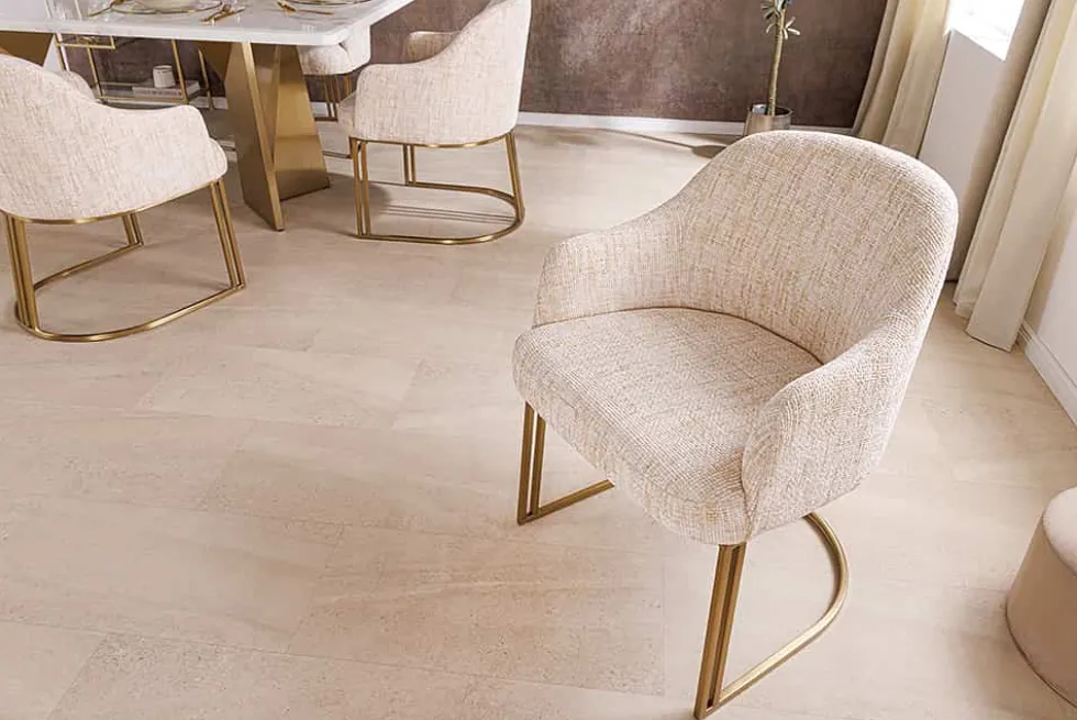 Armlehnen Stuhl EXTRAVAGANCIA beige Chenillestoff brushed champagner gold Metall