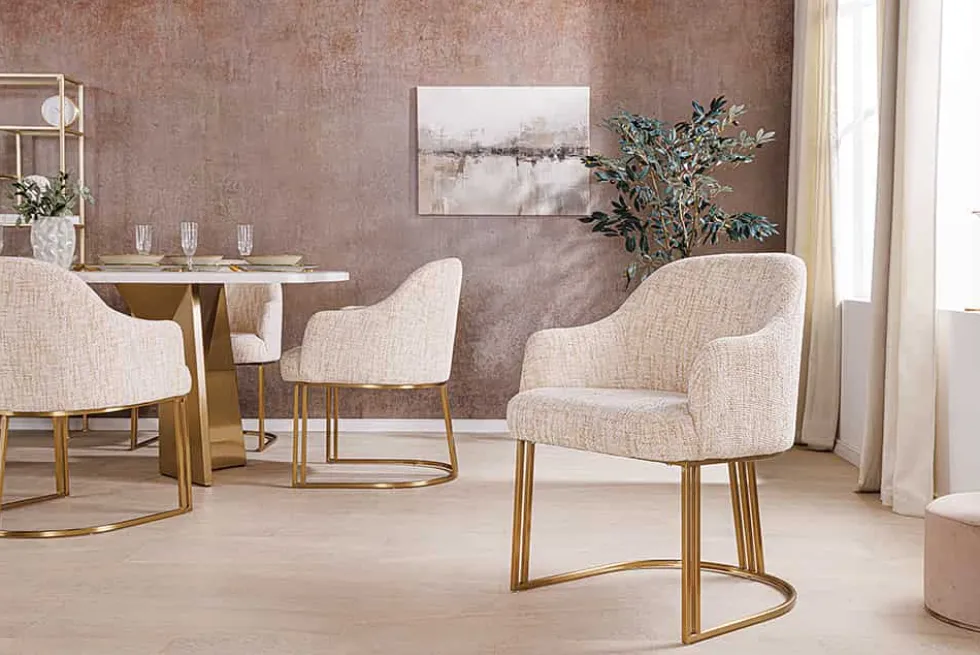 Armlehnen Stuhl EXTRAVAGANCIA beige Chenillestoff brushed champagner gold Metall