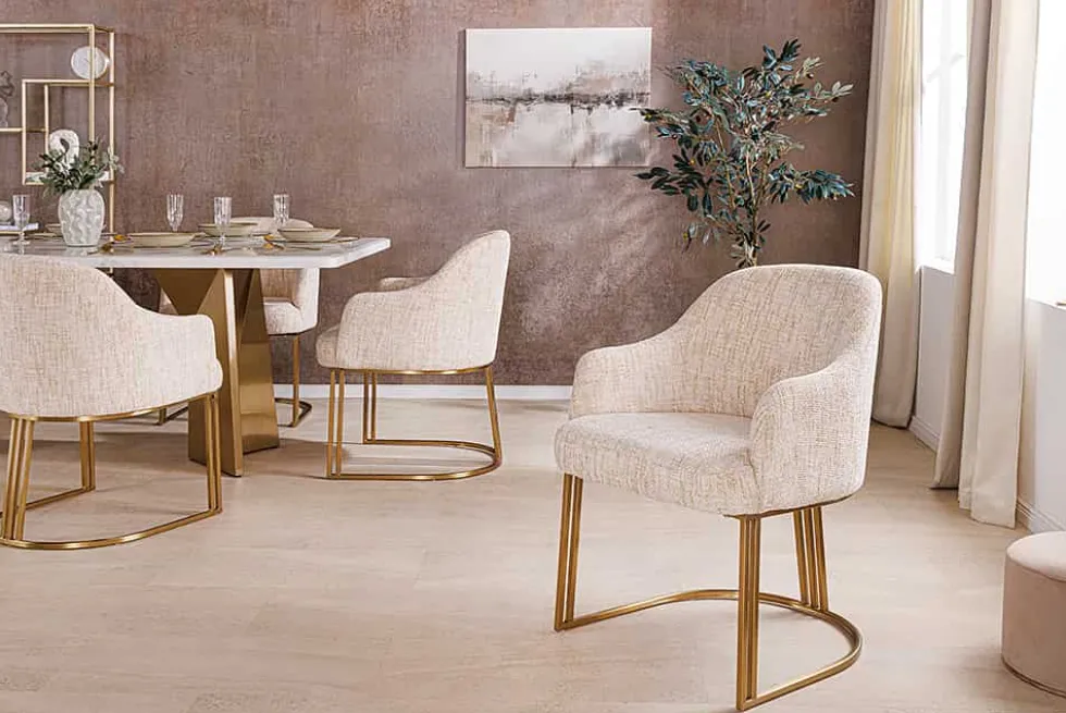 Armlehnen Stuhl EXTRAVAGANCIA beige Chenillestoff brushed champagner gold Metall
