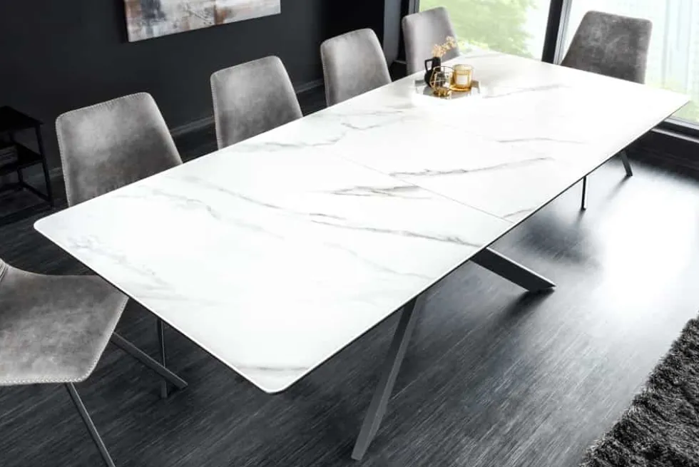 Ausziehbarer Esstisch ALPINE 160-200cm weiß Keramik Marmor schwarzes Metallgestell