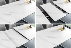 Ausziehbarer Esstisch ALPINE 160-200cm weiß Keramik Marmor schwarzes Metallgestell