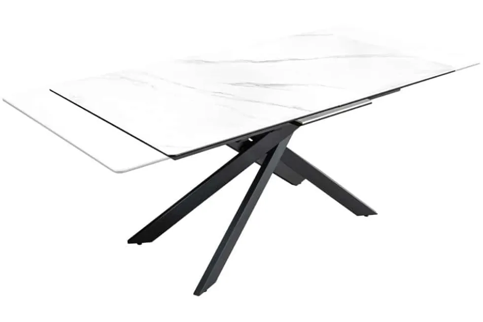 Ausziehbarer Esstisch ALPINE 160-200cm weiß Keramik Marmor schwarzes Metallgestell