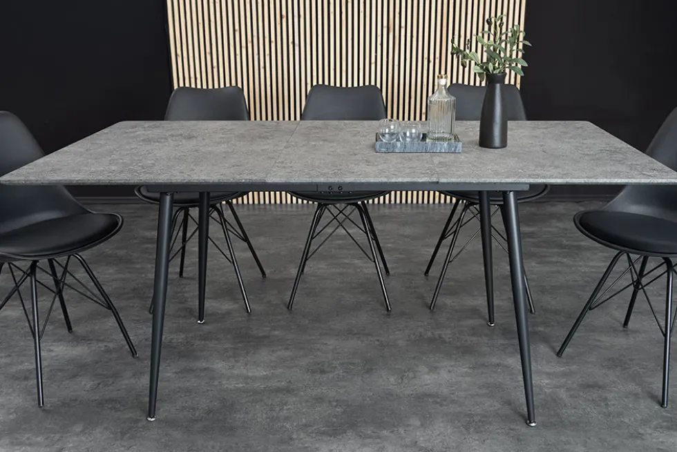 Ausziehbarer Esstisch APARTMENT 120-160cm grau Beton-Design schwarzes Metallgestell