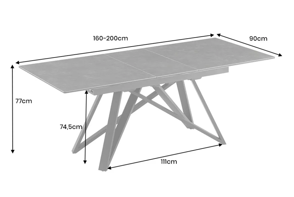 Ausziehbarer Esstisch ATLAS 160-200cm graphit grau Keramik schwarz Metall