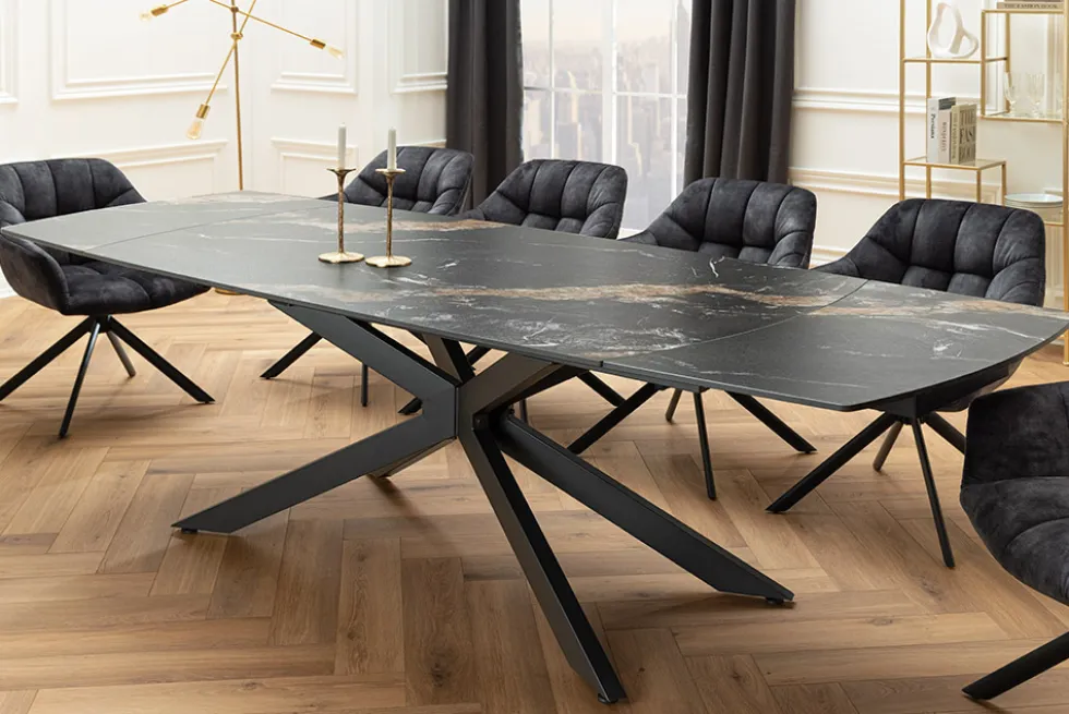Ausziehbarer Esstisch COSMOS 160-240cm Aurora Oro schwarz gold sand Keramik Metallgestell