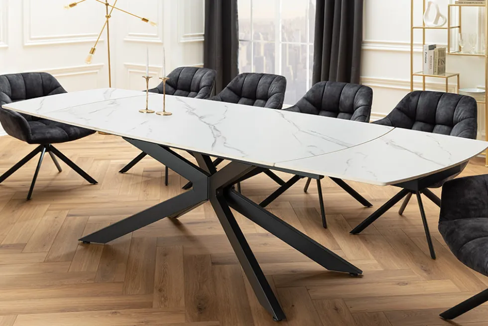 Ausziehbarer Esstisch COSMOS 160-240cm weiß Keramik schwarzes Metallgestell