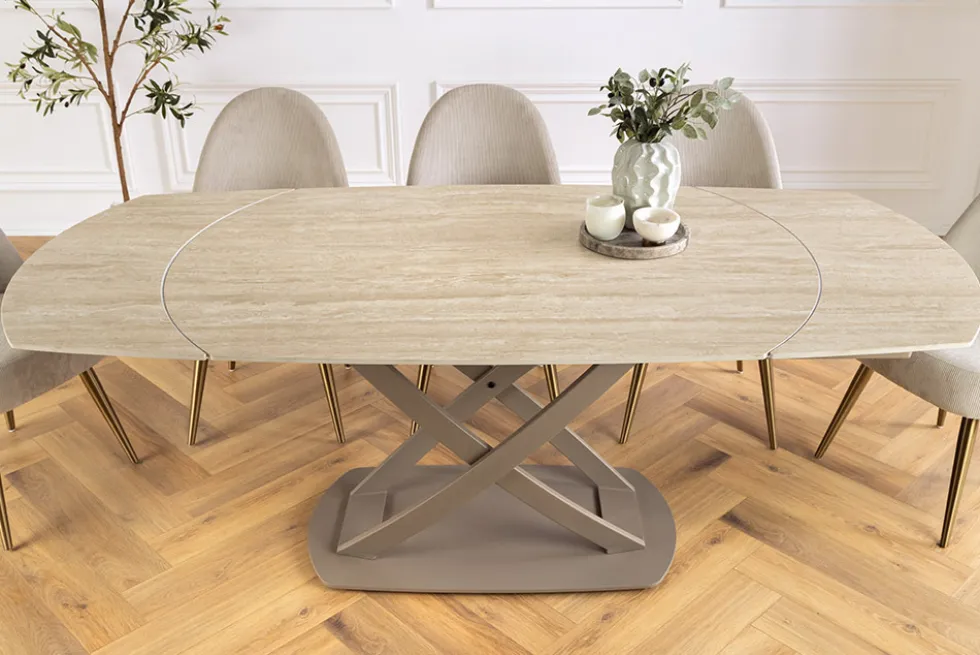 Ausziehbarer Esstisch INCEPTION 130-190cm oval Travertin Keramik champagner greige