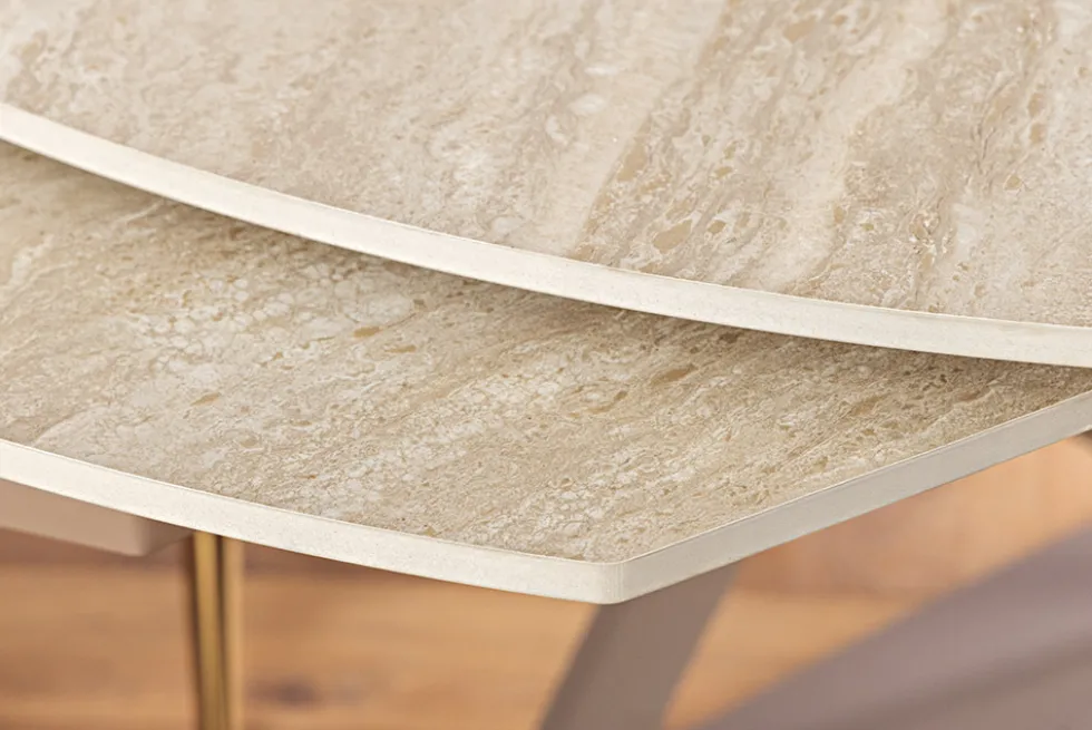 Ausziehbarer Esstisch INCEPTION 130-190cm oval Travertin Keramik champagner greige
