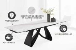 Ausziehbarer Esstisch INFINITY 180-260cm weiß Keramik Marmor schwarz Metall