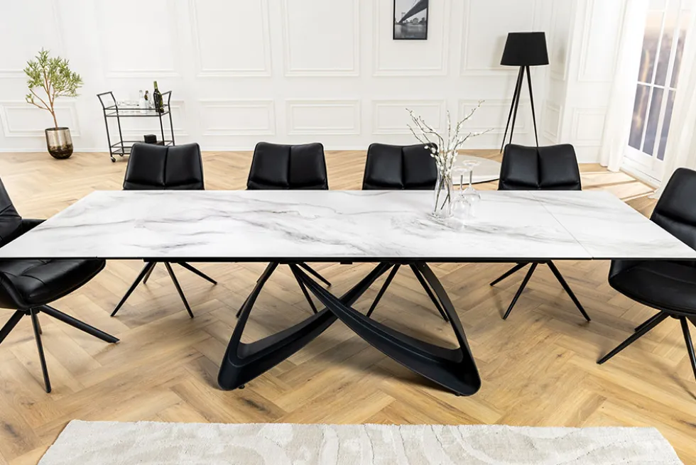 Ausziehbarer Esstisch INFINITY 180-260cm weiß Keramik Marmor schwarz Metall