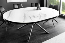 Ausziehbarer Esstisch MIKADO 120-160cm weiß Keramik oval schwarz Sterngestell