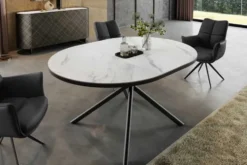 Ausziehbarer Esstisch MIKADO 120-160cm weiß Keramik oval schwarz Sterngestell