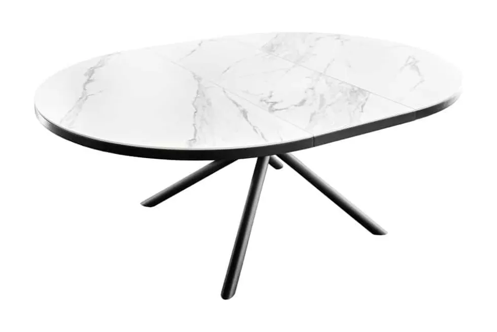 Ausziehbarer Esstisch MIKADO 120-160cm weiß Keramik oval schwarz Sterngestell