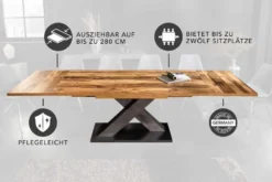 Ausziehbarer Esstisch MONTREAL 180-280cm natur Plankeneiche Holz-Design Schwarzstahl