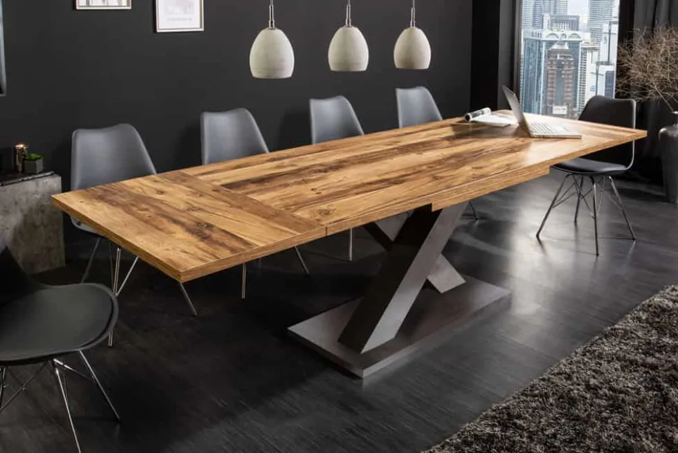 Ausziehbarer Esstisch MONTREAL 180-280cm natur Plankeneiche Holz-Design Schwarzstahl