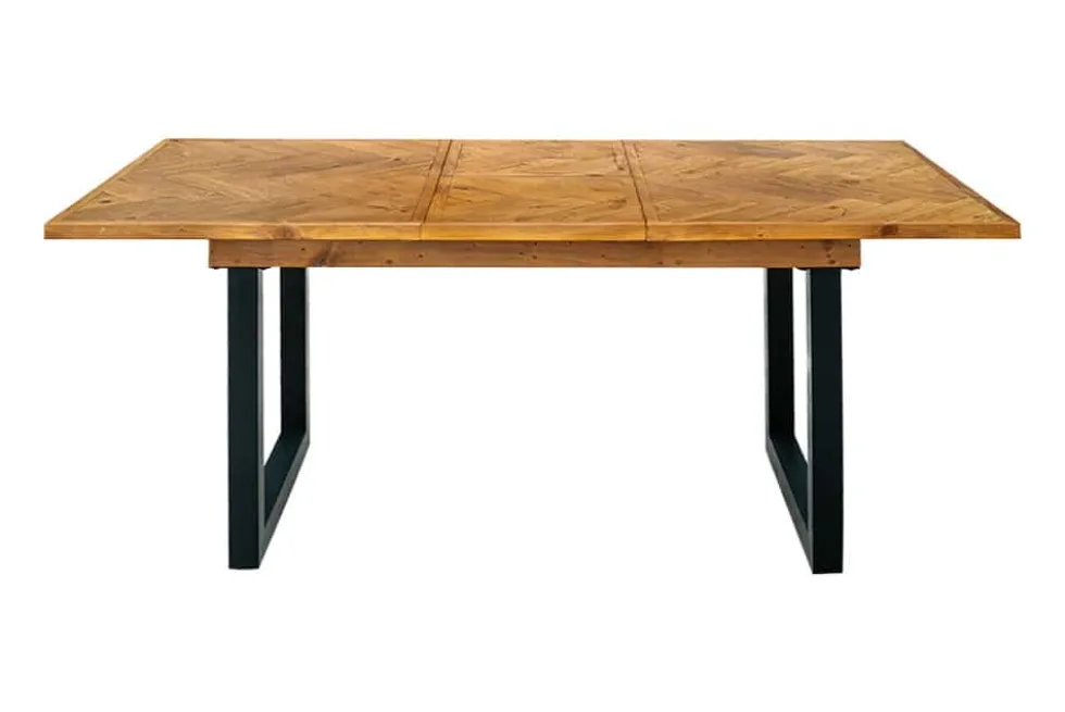 Ausziehbarer Esstisch MOSAIK 140-180cm braun Pinie recyceltes Massivholz Metall schwarz