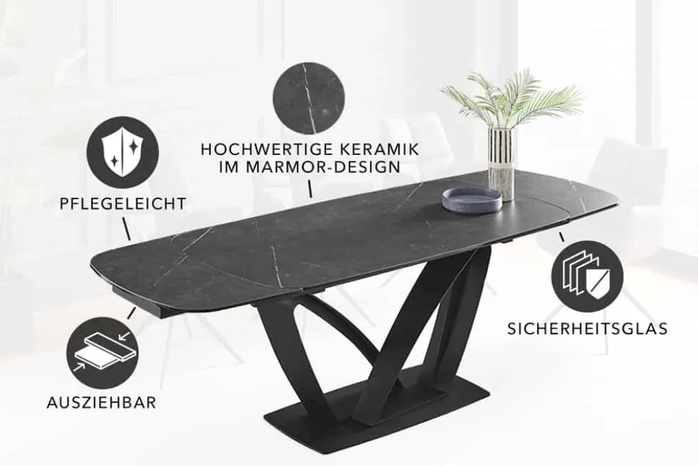 Ausziehbarer Esstisch PAPILLON 180-260cm graphit Keramik Marmor schwarz Metall