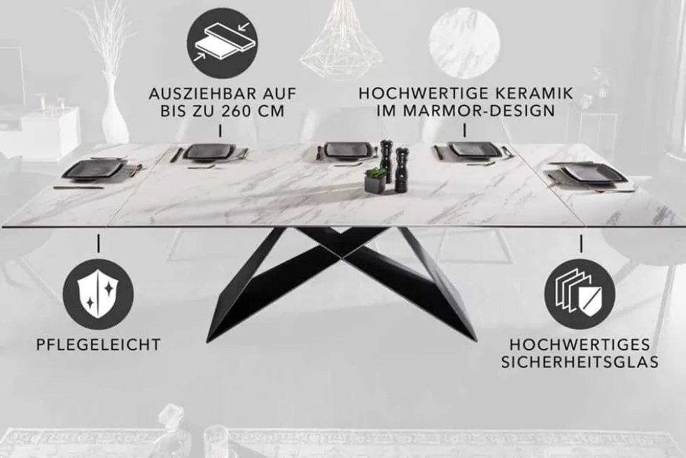 Ausziehbarer Esstisch PROMETHEUS 180-220-260cm weiß Marmor Keramik made in Italy