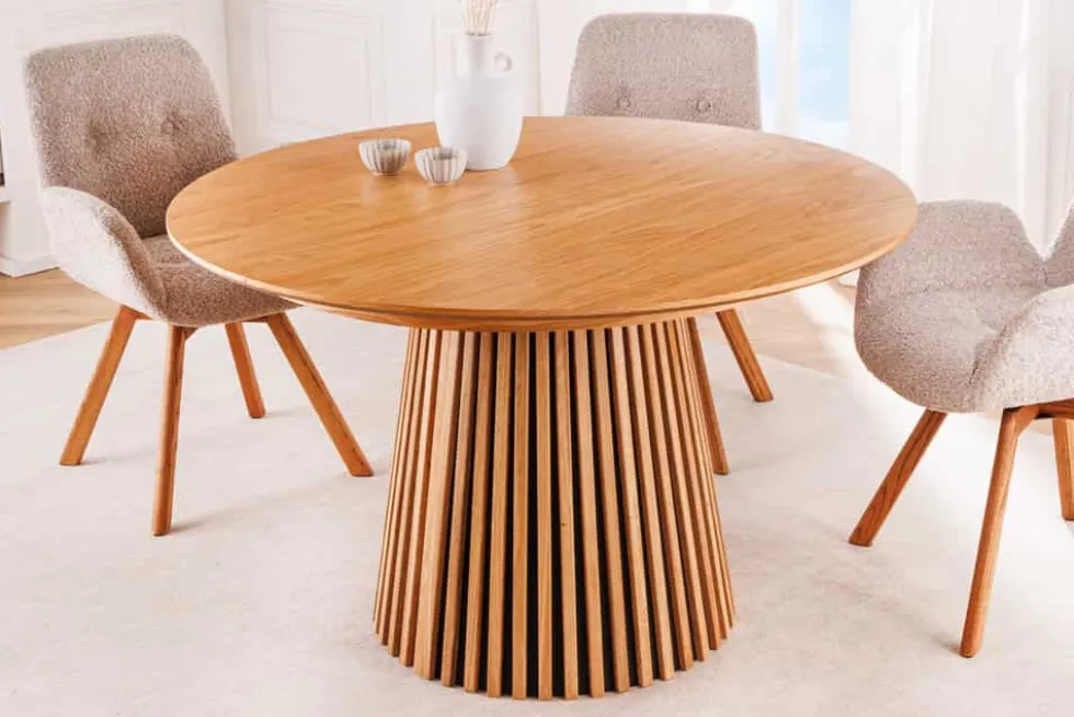Ausziehbarer Esstisch VALHALLA WOOD 120-160-200cm natur Eichenholz oval Säulenfuß