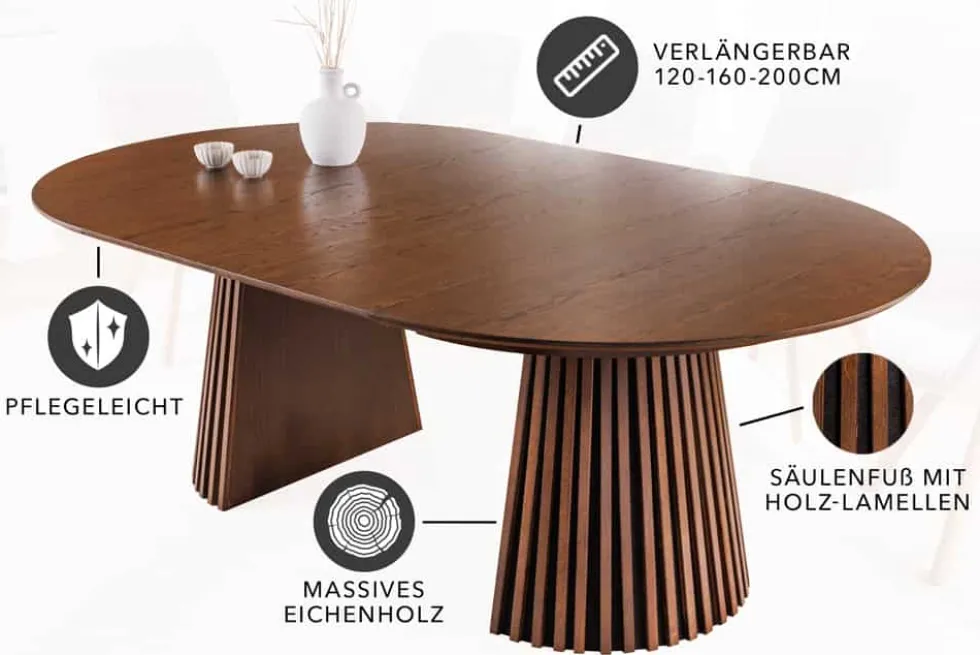 Ausziehbarer Esstisch VALHALLA WOOD 120-160-200cm smoked braun Eichenholz Säulenfuß