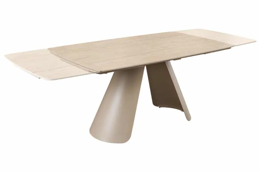 Ausziehbarer Esstisch VOGUE 160-240cm beige Keramik Travertin Metall champagner greige
