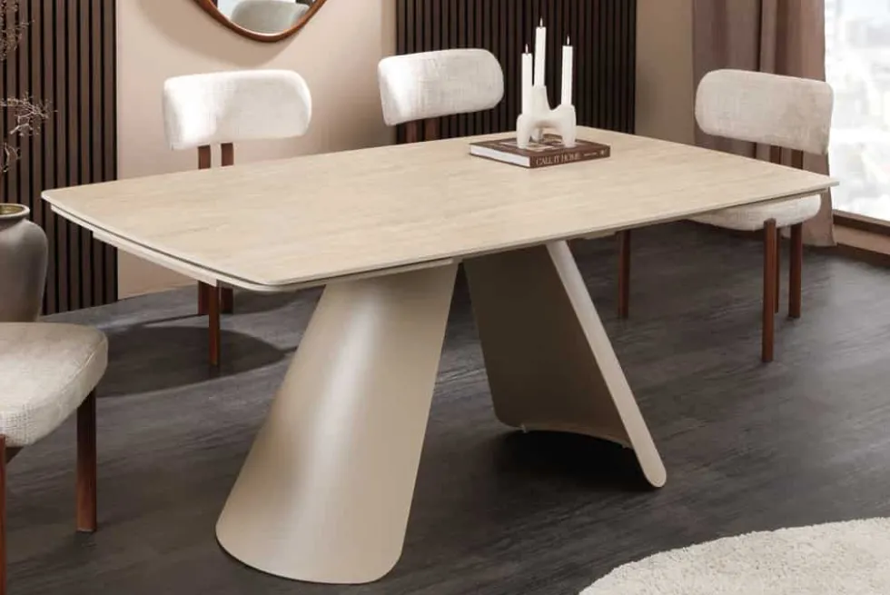 Ausziehbarer Esstisch VOGUE 160-240cm beige Keramik Travertin Metall champagner greige