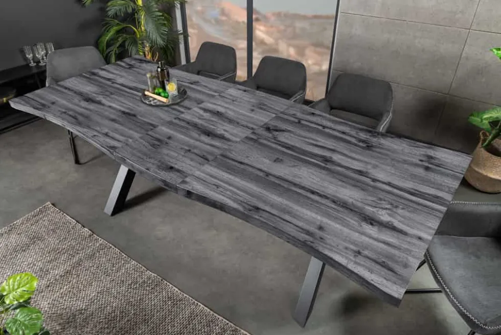Ausziehbarer Esstisch WILD 160-200cm grau gekälkt Wildeichen-Design Baumkante schwarz