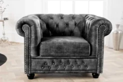 Barocker Sessel CHESTERFIELD grau Samt Federkern mit Knopfheftung