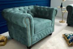 Barocker Sessel CHESTERFIELD petrol Samt Federkern goldene Nieten mit Knopfheftung