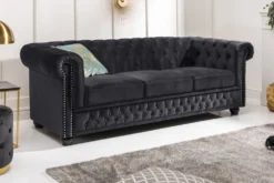 Barock Sofa CHESTERFIELD 205cm schwarz Samt Federkern Knopfheftung 3-Sitzer Couch