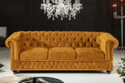 Barock Sofa CHESTERFIELD 205cm senfgelb Samt Federkern Knopfheftung 3-Sitzer Couch