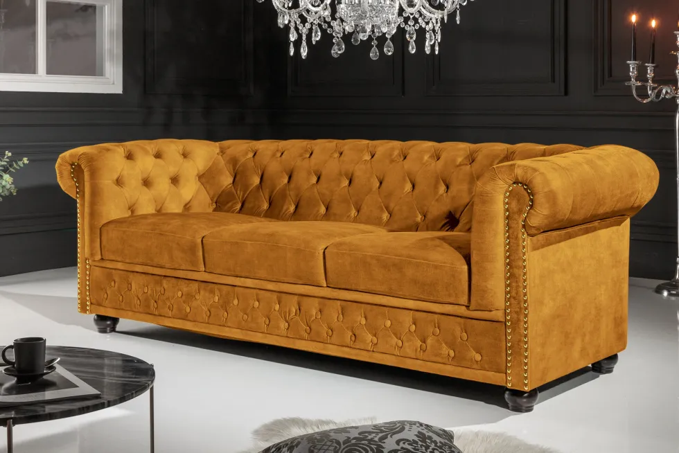 Barock Sofa CHESTERFIELD 205cm senfgelb Samt Federkern Knopfheftung 3-Sitzer Couch