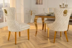 Barock Stuhl CASTLE DELUXE beige Samt gold Edelstahl mit Löwenkopf Ziernieten