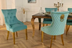 Barock Stuhl CASTLE DELUXE blau Samt gold Edelstahl mit Löwenkopf Chesterfield