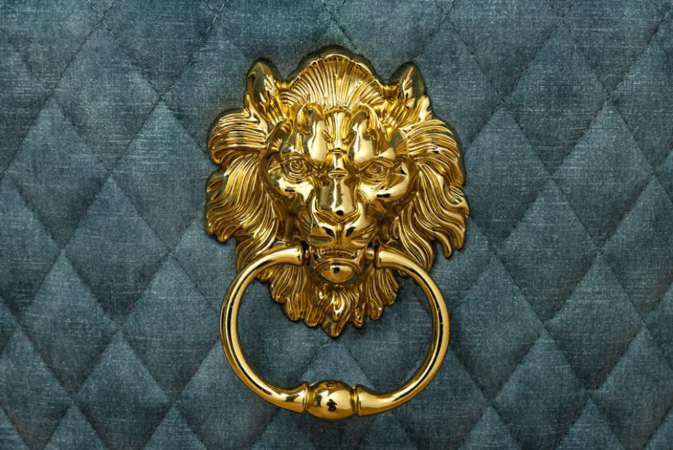 Barock Stuhl CASTLE DELUXE petrol Samt gold Edelstahl mit Löwenkopf Ziernieten