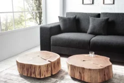 Baumstamm Couchtisch GOA 60cm natur Akazie Massivholz rund mit Rollen Unikat
