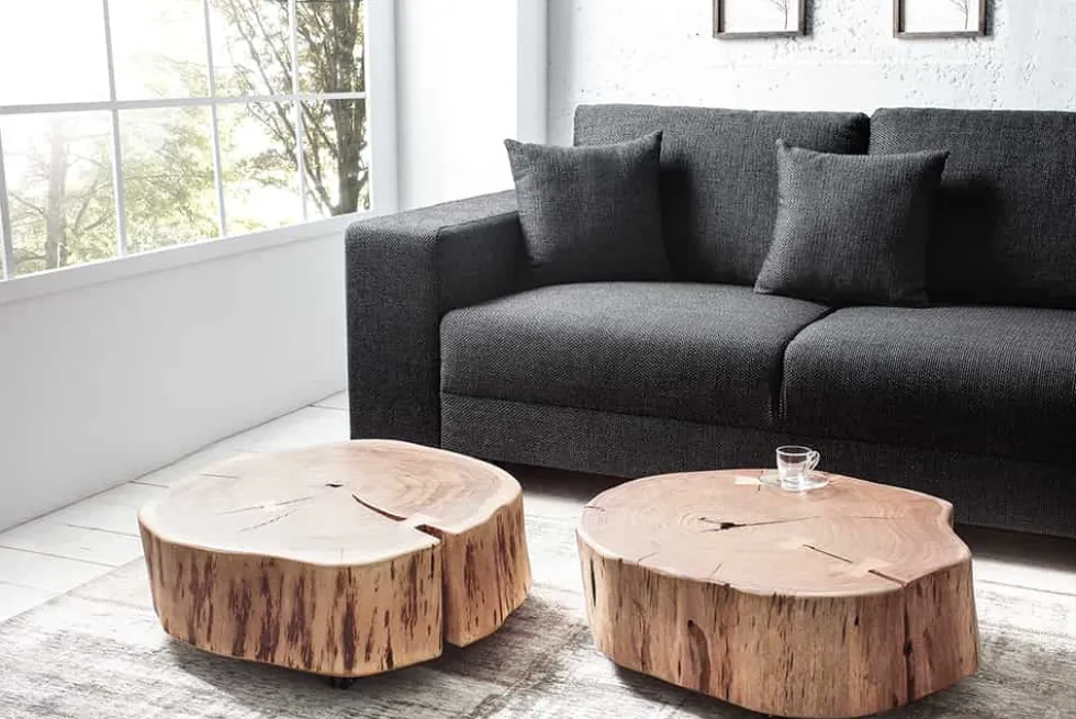 Baumstamm Couchtisch GOA 60cm natur Akazie Massivholz rund mit Rollen Unikat