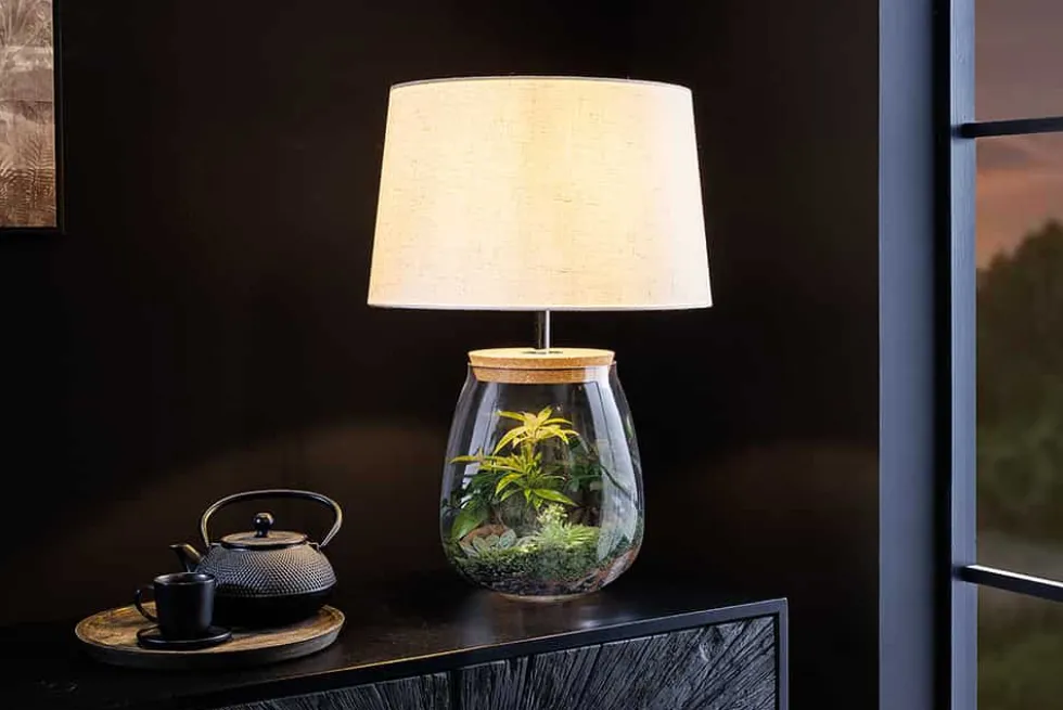 Befüllbare Tischlampe CLASSICO 60cm weiß transparent Glas mit Leinenschirm