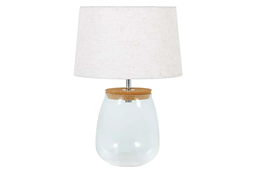 Befüllbare Tischlampe CLASSICO 60cm weiß transparent Glas mit Leinenschirm