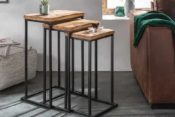 Beistelltisch 3er Set INDUSTRIAL 65cm Mangoholz handmade Mosaik schwarzes Metallgestell massiv