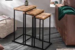 Beistelltisch 3er Set INDUSTRIAL 65cm Mangoholz handmade Mosaik schwarzes Metallgestell massiv