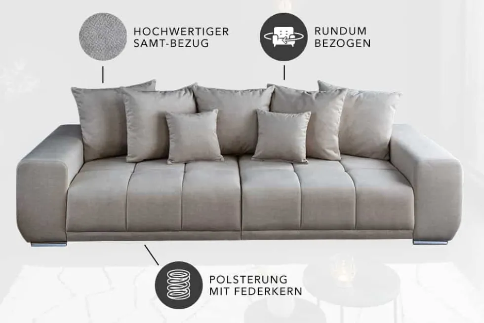 Big Sofa ELEGANCIA 285cm champagner beige Vogue Velours Samt inkl. Kissen Federkern