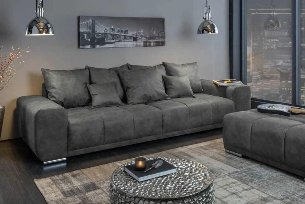 Big Sofa ELEGANCIA 285cm grau Microfaser XXL Couch inkl. Kissen Federkern
