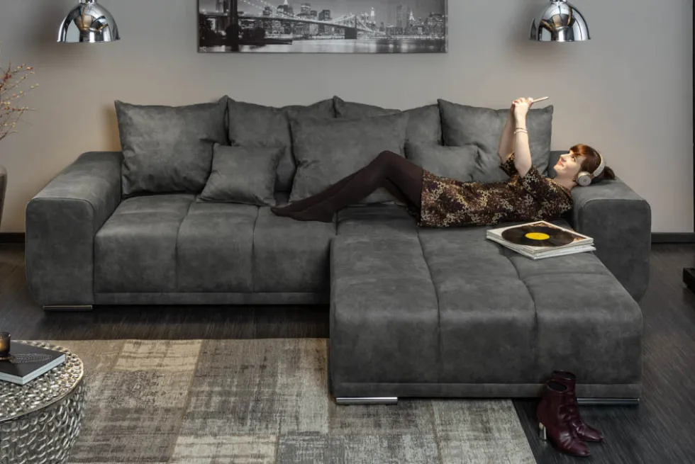 Big Sofa ELEGANCIA 285cm grau Microfaser XXL Couch inkl. Kissen Federkern