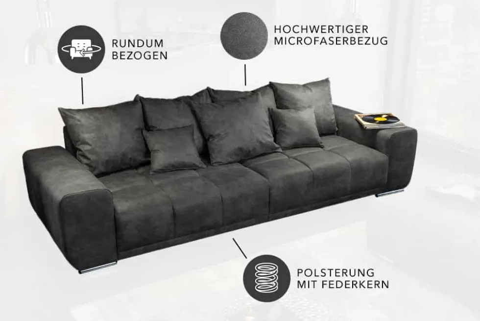 Big Sofa ELEGANCIA 285cm grau Microfaser XXL Couch inkl. Kissen Federkern