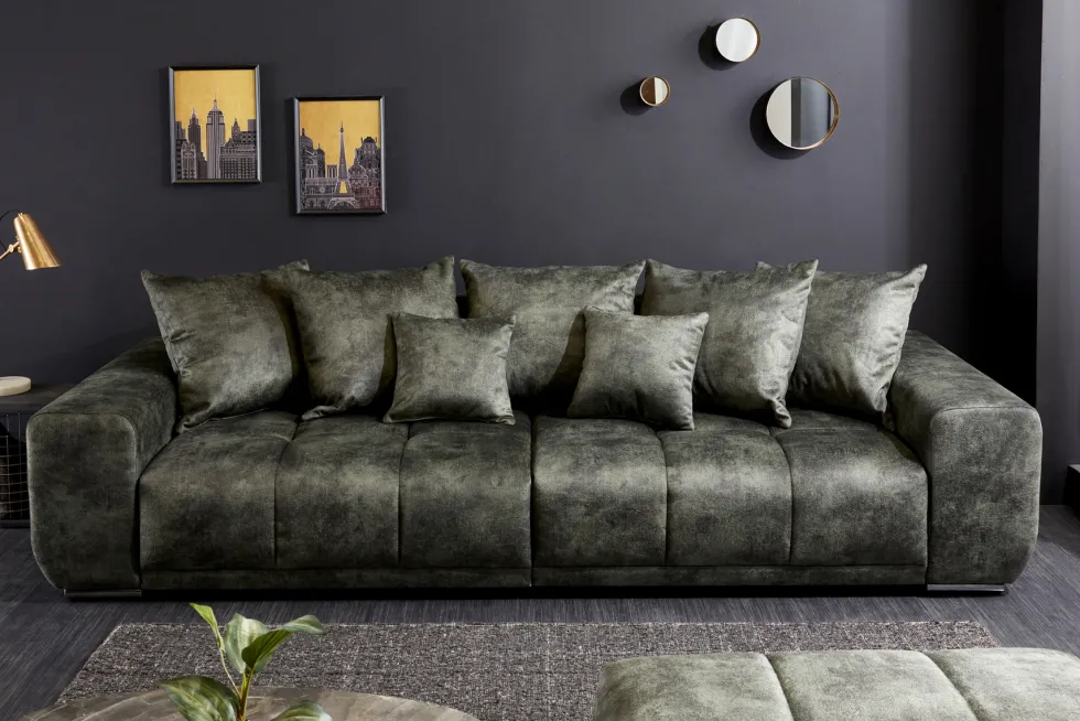 Big Sofa ELEGANCIA 285cm moosgrün Microfaser XXL Couch inkl. Kissen Federkern
