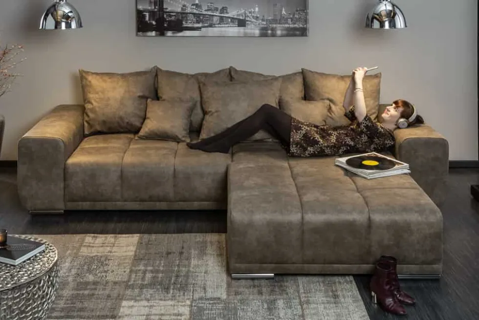 Big Sofa ELEGANCIA 285cm taupe Microfaser XXL Couch inkl. Kissen Federkern