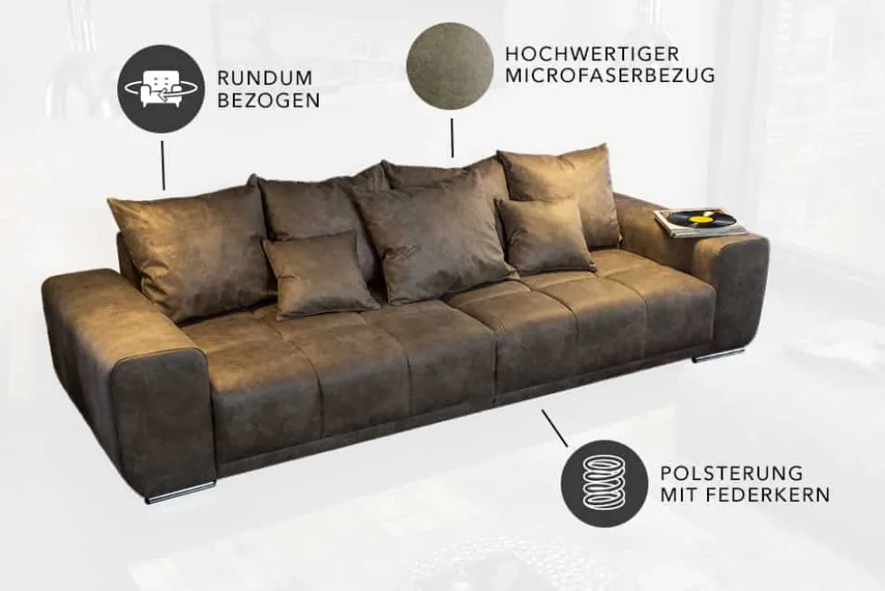 Big Sofa ELEGANCIA 285cm taupe Microfaser XXL Couch inkl. Kissen Federkern
